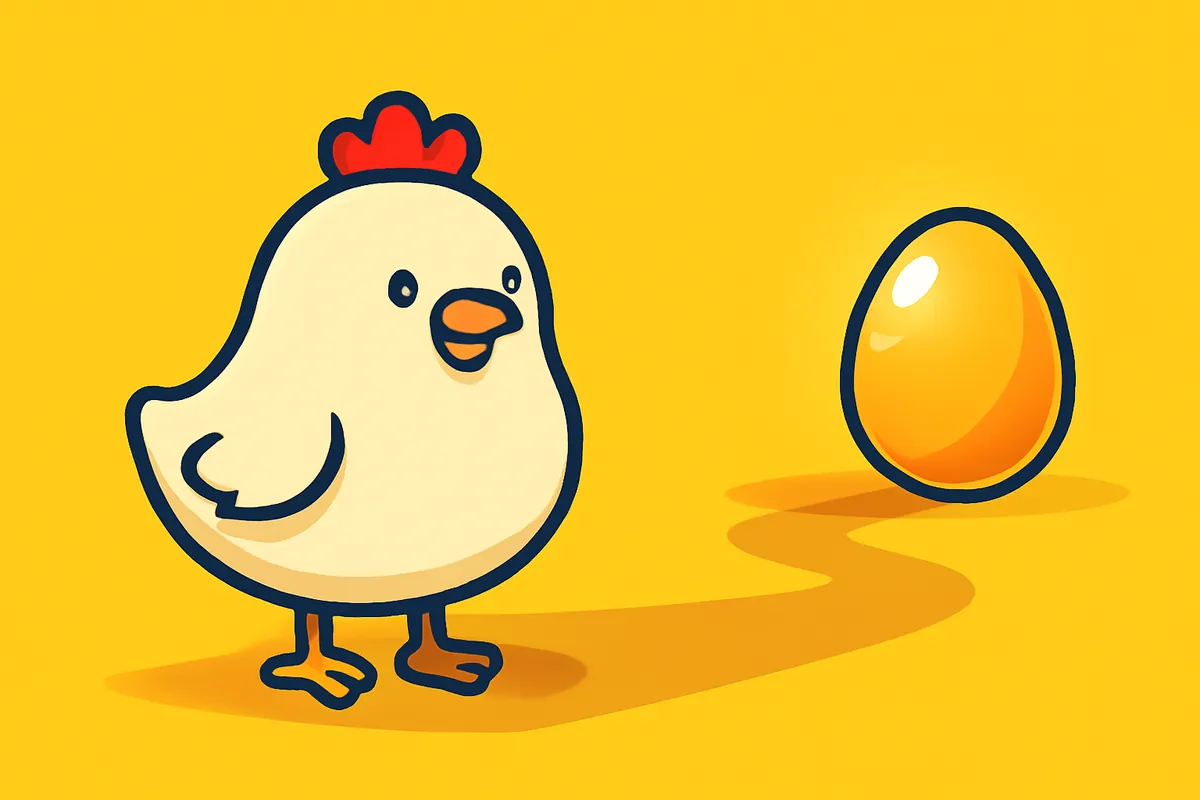 Illustration: Das Huhn betrachtet ein goldenes Ei am Ende der Straße