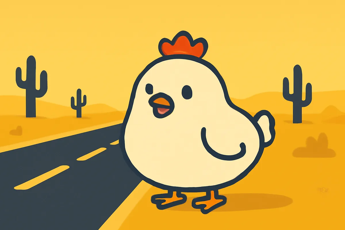 Illustration: Das Chicken-Road-Huhn unterwegs auf einer Landstraße