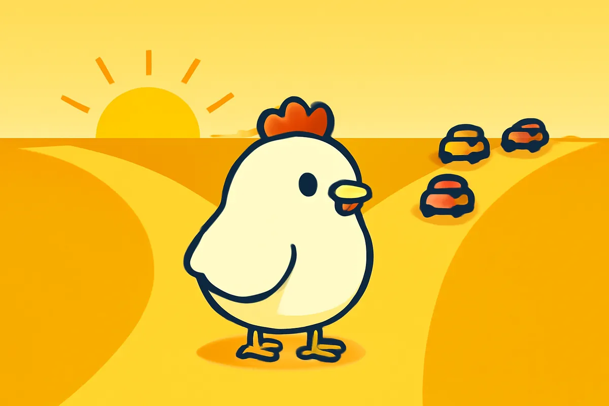 Illustration: Das Huhn steht an einer Gabelung zwischen zwei Straßen